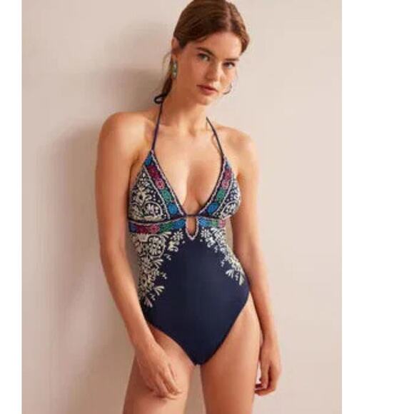 Boden Women's String One Piece Swimsuit Size 16 18 US Halter Blue Boho Print - Picture 1 of 5